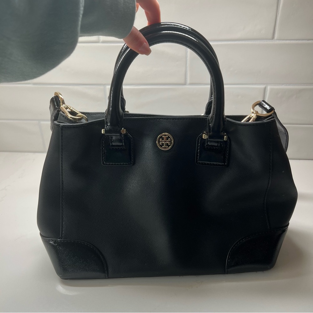Tory Burch Purse with Detachable Shoulder Strap - Black and Gold Mini tote